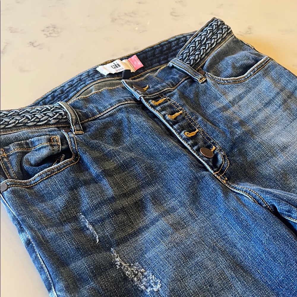 Cabi Button Fly Braided Waistband Distressed Jeans Size 10 Straight Leg